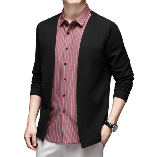 Мужская рубашка, имитация двухкомпонентного кардигана с отложным воротником, однобортная, в полоску, с длинными рукавами, подходящего цвета, трикотажная, официальная