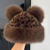 Зимняя шапка Yousheng в стиле ретро с леопардовым принтом и плюшевой отделкой, ветрозащитная шапка с декором в виде медвежьих ушек, утолщенная теплая женская шапка