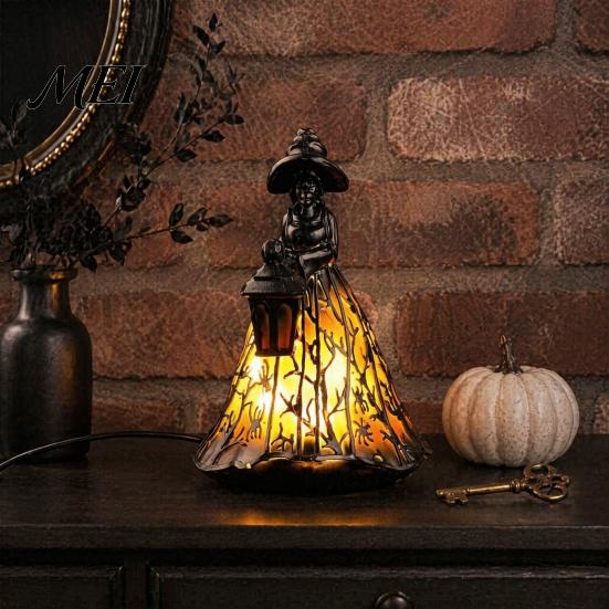 Unique Halloween Gift for Friends Witch Lamp, Stained Glass Style Gothic Table Lamp with Lantern, LED Resin Night Light Tabletop, Mantel, Bedroom