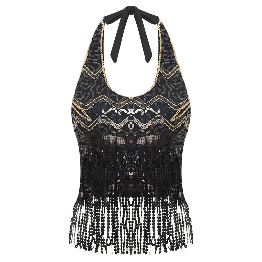 Womens Sleeveless Halter Top Sequins Tassel Fringe Crop Bra Dance Wear