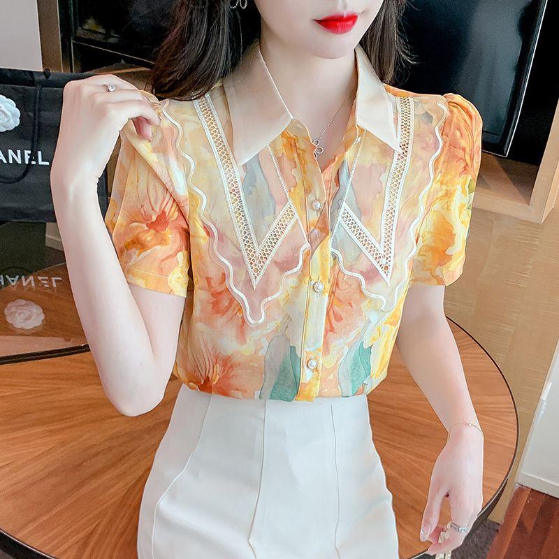 Женская одежда, модная кружевная лоскутная рубашка с цветочным принтом, шикарная элегантная рубашка, летняя милая тонкая блузка с короткими рукавами, Blusas Mujer