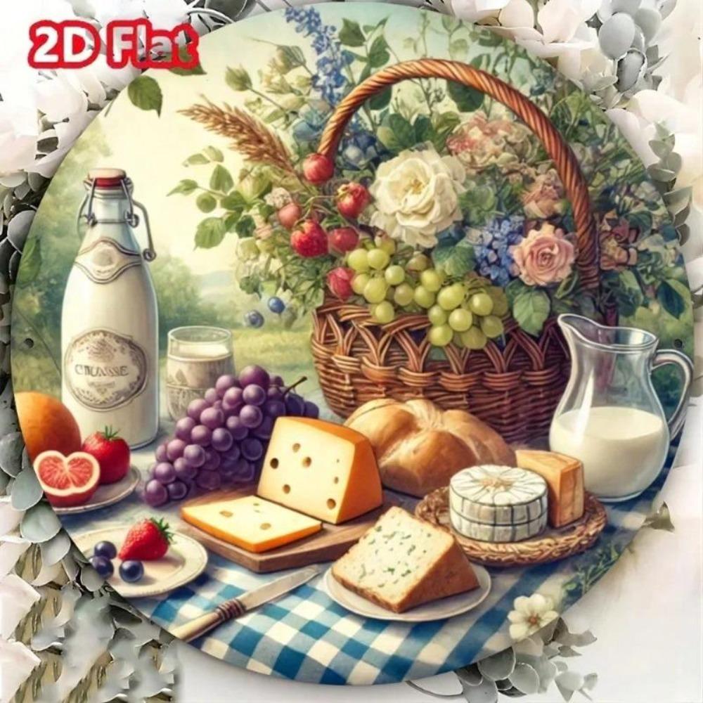 Металлическое настенное искусство Декор для кухни Рустик Дизайн с едой 8x8 дюймов Алюминиевая пластина Сыр Хлеб Виноград