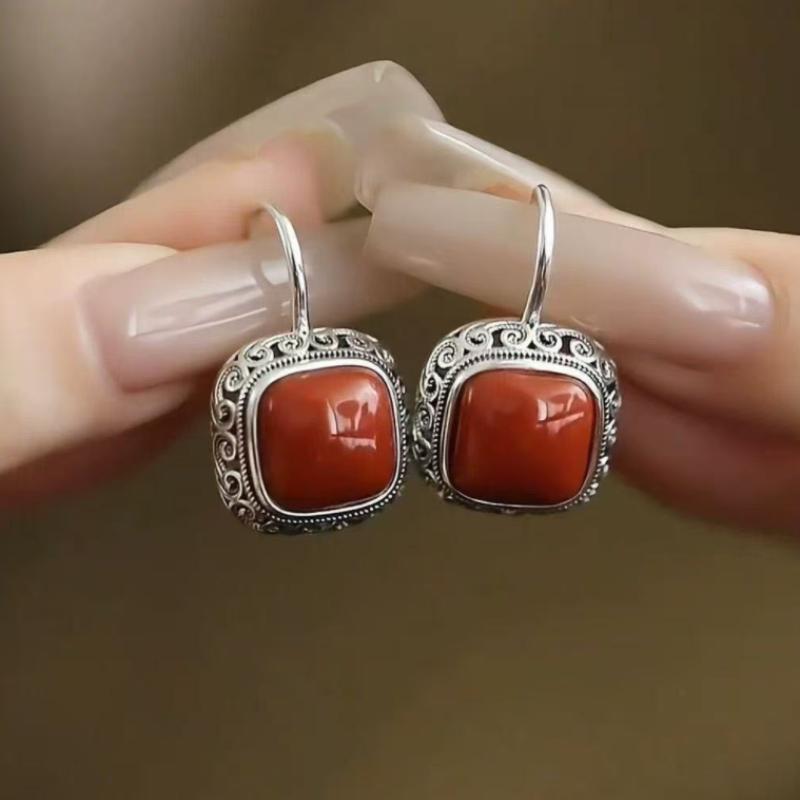 Серьги из серебра 925 пробы с мотивом травы Тан, благоприятным облаком и медовым воском для женщин, ретро, тисненые, желто-красные, квадратные, ювелирный подарок