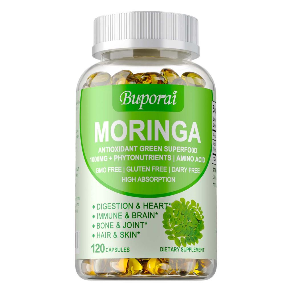 Buporai Moringa Leaf Powder 1000mg Capsules - Green Superfood, Antioxidant Support, Daily Wellness