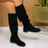 Fashion Women's Mid-heel Single Boots Spring New Round Head Suede Sleeve Fold Soft Sole Non-slip High Boots