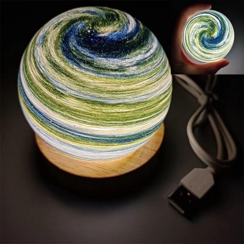 With Wooden Stand 3D Planet Glass Lamp USB Plug in Mini Planet Table Lamp Girls