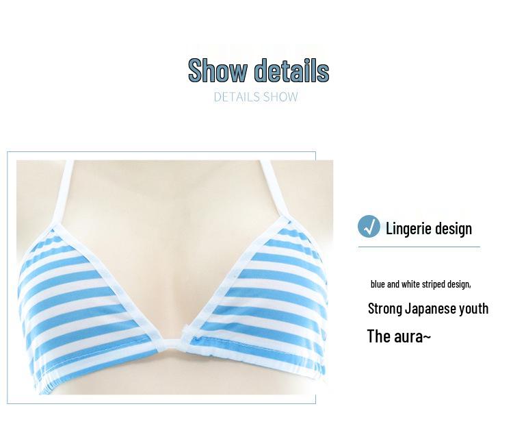 Blue & White Striped Lace-Up Bikini Set with Panties - S0326