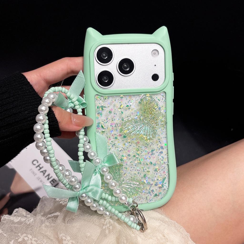 Милый Чехол-Подвеска с Ушками Кошки и Бабочкой Прозрачный для iPhone 17e 16 15 14 13 12 Pro Max 17 Air 11 Большое Окно Мягкие Края