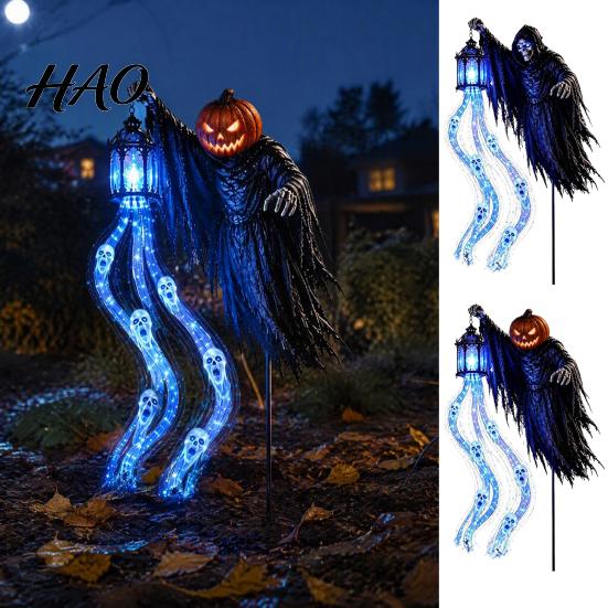 Animated Soul Reaper Yard Art Halloween Harvester Solar Garden Stake Light, Ghost Lantern with Glowing Blue Eye Lawn Ornaments Flowing LED Eyes,