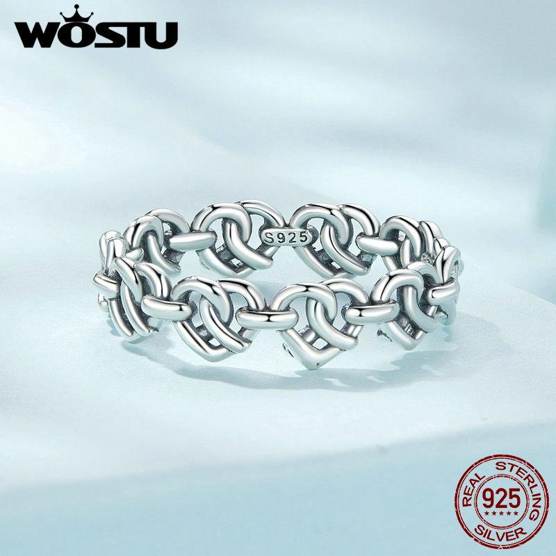 WOSTU Кольцо из стерлингового серебра 925 пробы с сердцем и сердцем для женщин, винтажное s925, европейское винтажное кольцо с выдолбленным звеном цепи, подарок на вечеринку