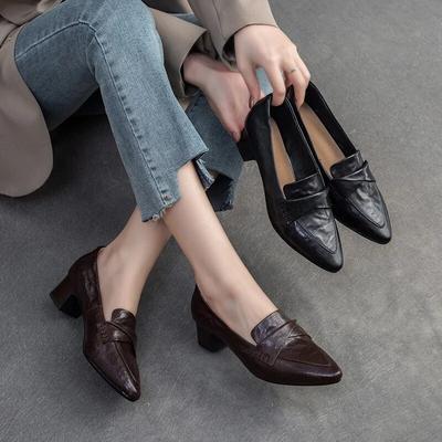 Туфли из овчины в британском стиле, модная удобная универсальная женская обувь на толстом каблуке с острым носком