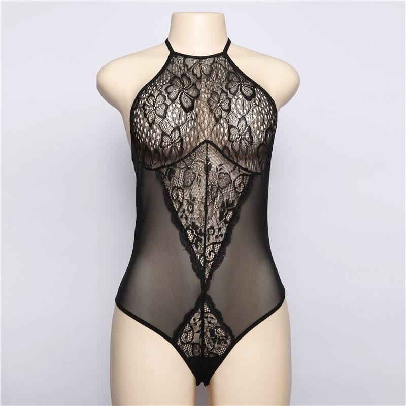 European and American erotic underwear sexy neck one-piece lace perspective underwear