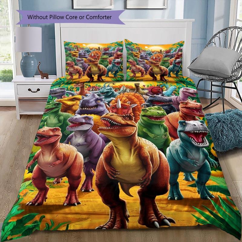 Colorful Dinosaur Jungle Group Print 3‑Pieces Duvet Cover Set Prehistoric Animal Bedding Bedroom Home Decor Without Pillow Core Comforter