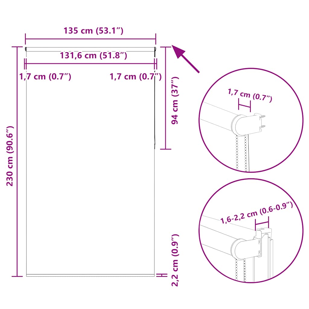 Blackout Roller Blind Gray 135 x 230 cm Fabric Width 131.6 cm Polyester