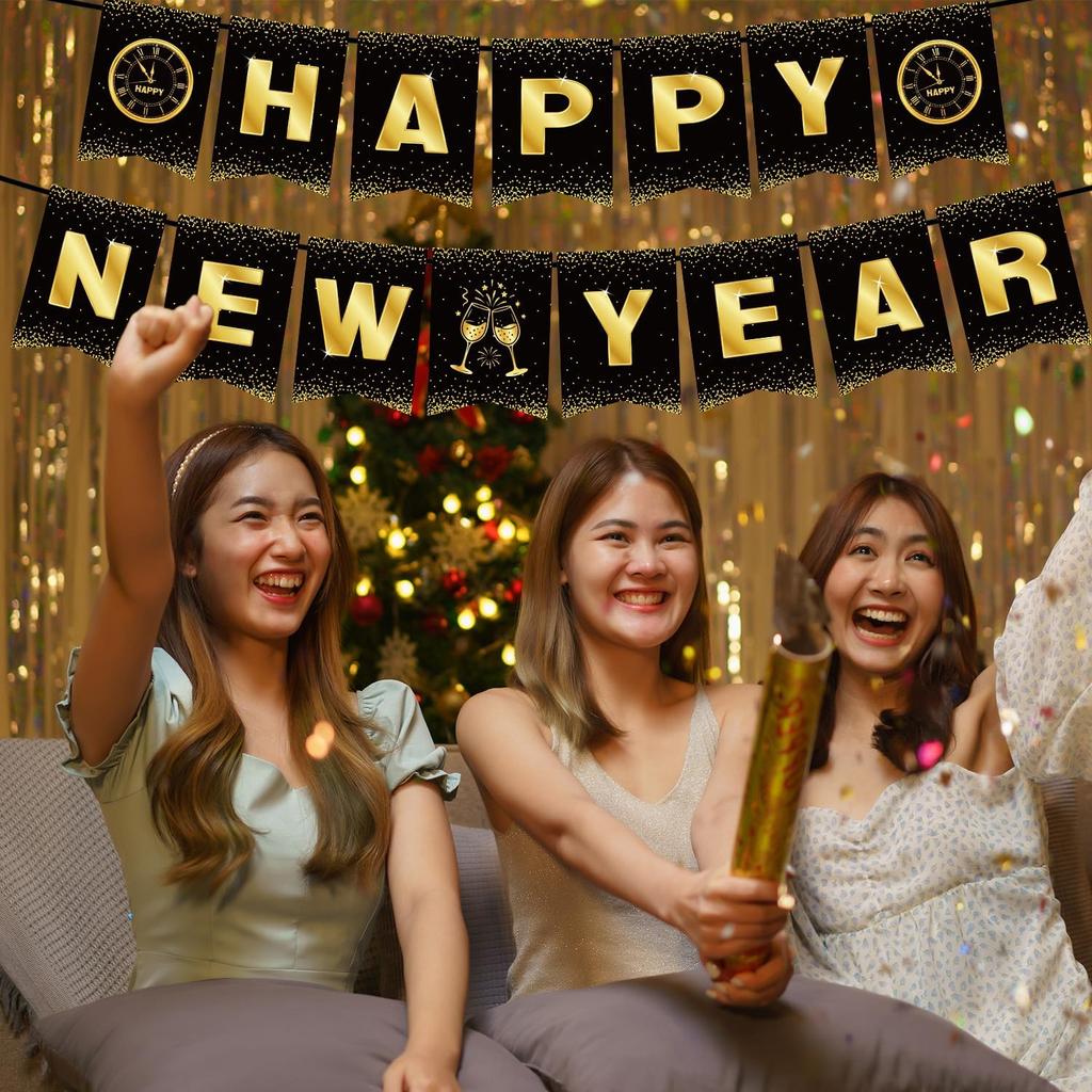 Happy New Years Eve Party Decorations, New Year Party Supplies - Black and Gold Banner (NYE B)