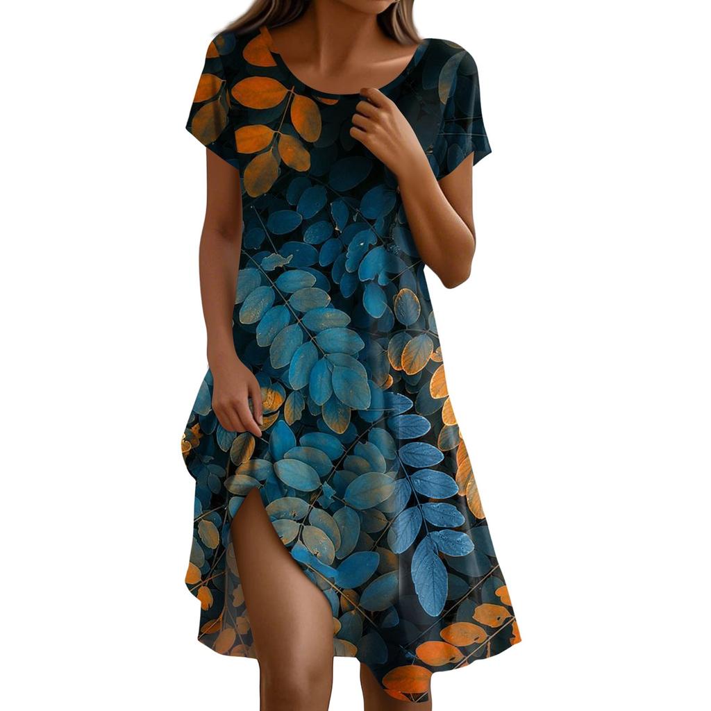 Short Sleeve Boho Dress For Women Casual Loose Fit Summer Sundress Floral Print Dress With Pockets