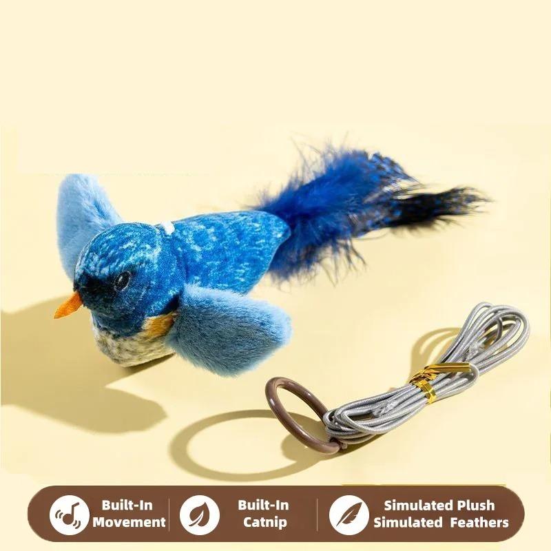 Chirping Bird Cat Toy Interactive Flapping Wings Plush Bird Toy, Elastic Rope To Relieve Boredom and Resist Scratching and Biting