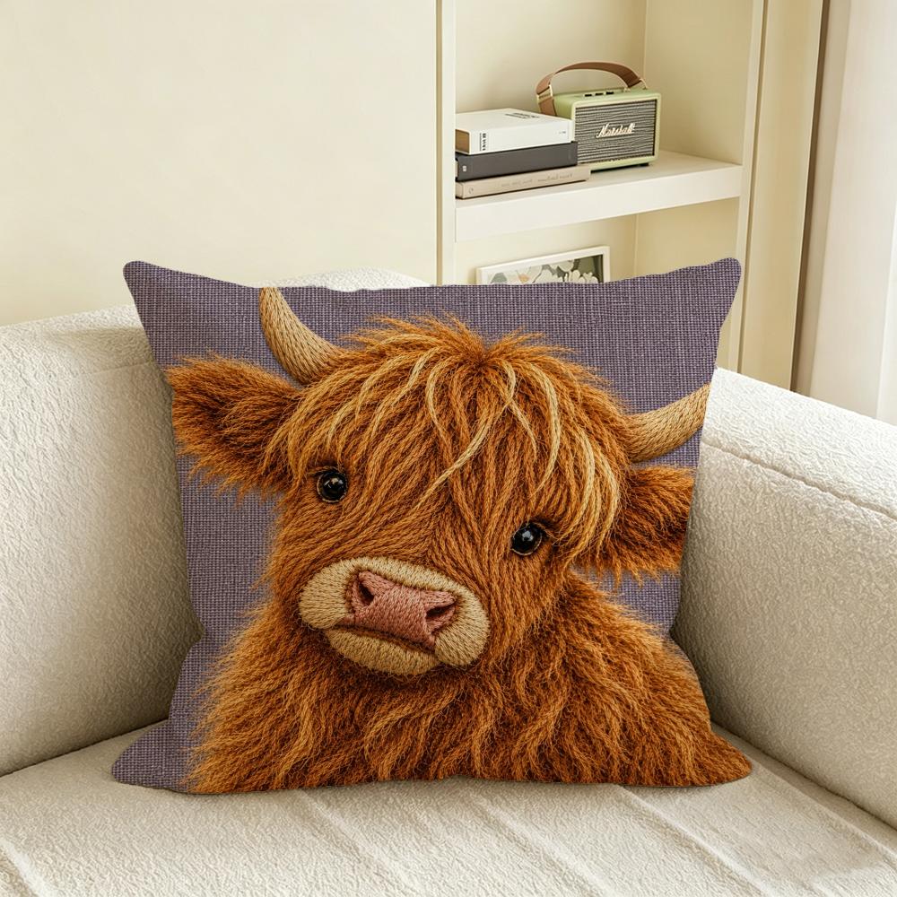 Animal D FlatPrinted Highland Cow Cushion Cover Natural Linen Pillowcase Set AllinOne Decor for Sofa Bedroom Chair