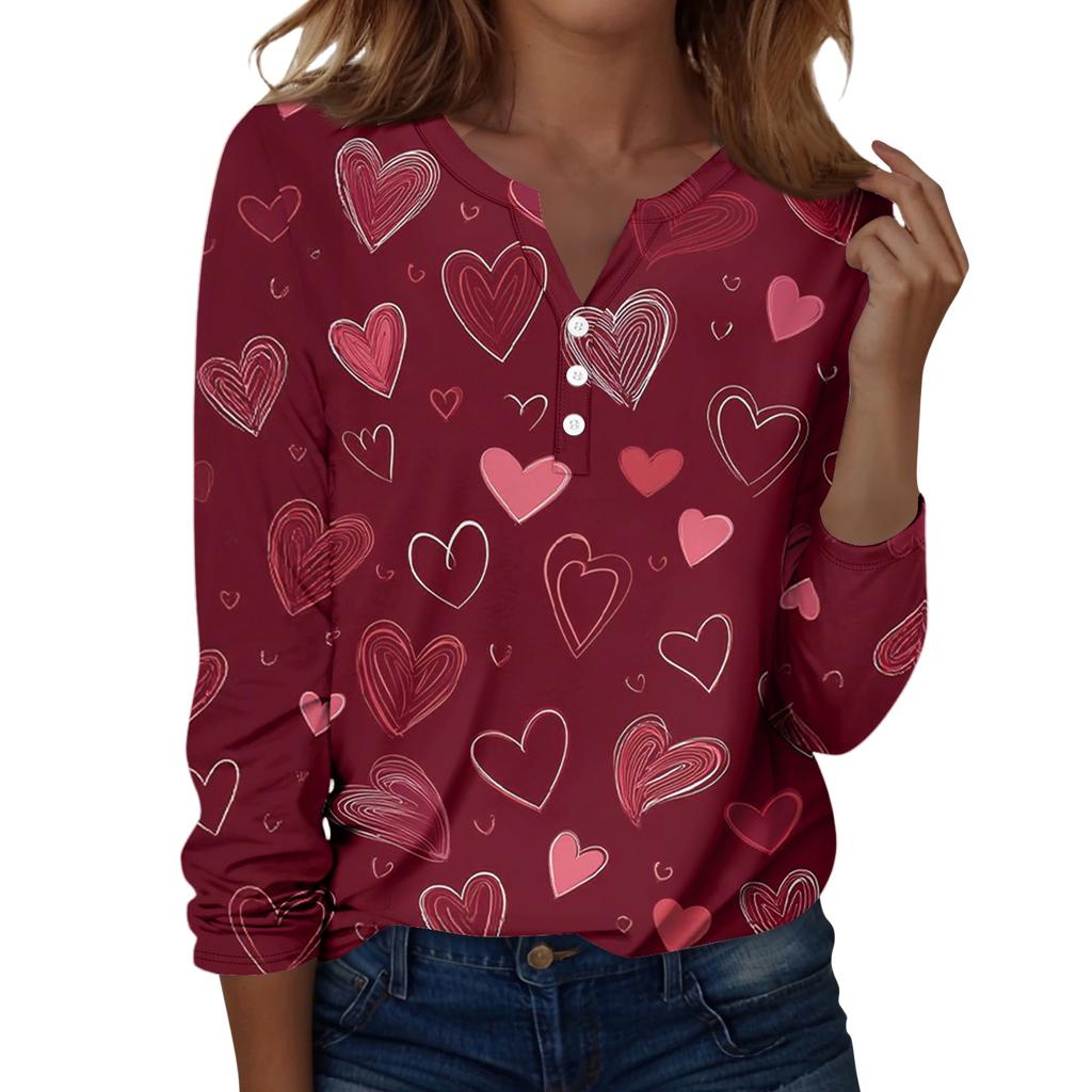 Женская футболка с рождественским принтом на пуговицах с длинным рукавом, повседневная, выходного дня, модная, базовая, с V-образным вырезом, обычная