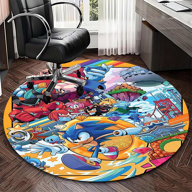 1pc Sonic the Hedgehog Anime Cartoon Design Round Carpet - Office Chair Mat, Non-Slip Rug for Home Decor, Living Room, Bedroom, Dormitory, Birthday Gi