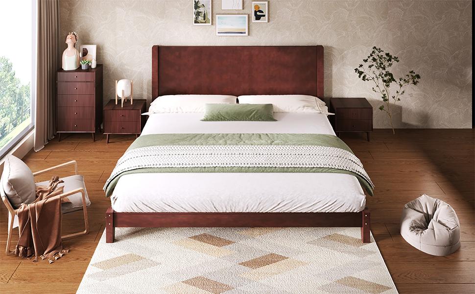 180X200 platform bed with headboard and slatted frame, brown