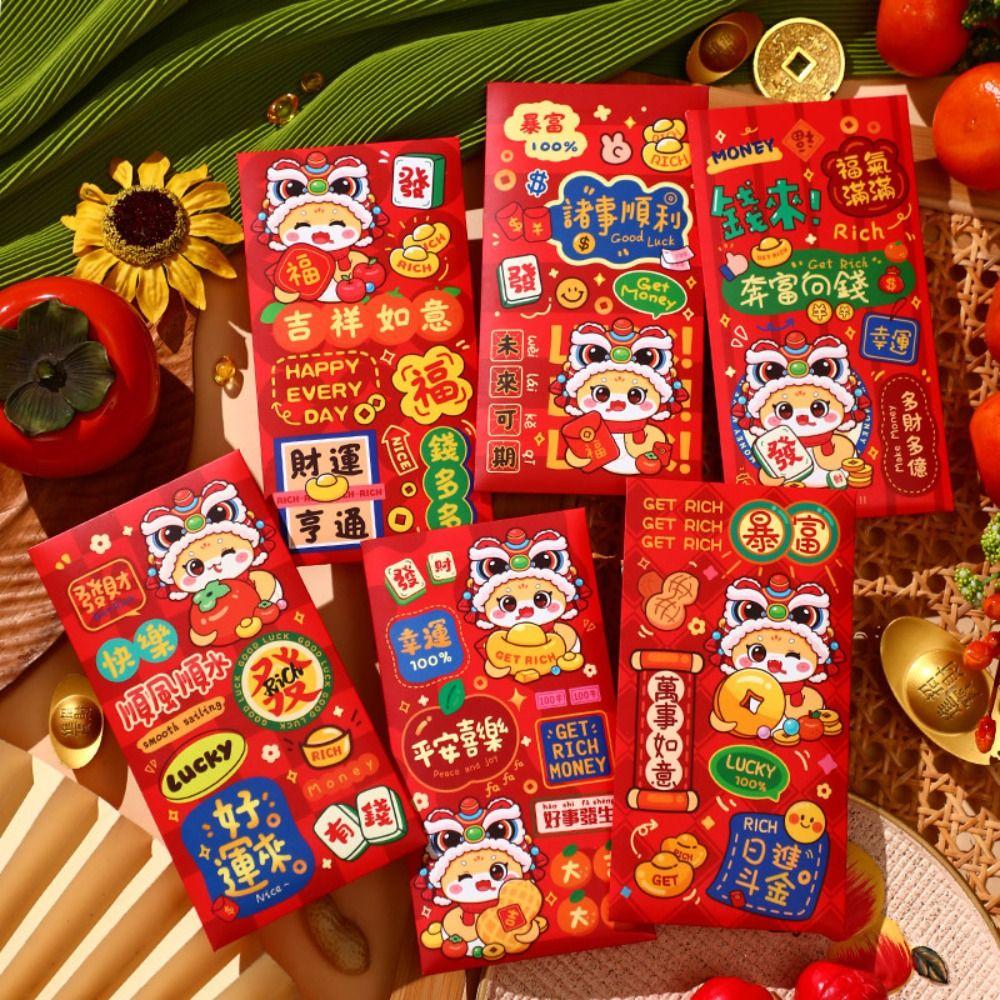 6Pcs Cartoon Chinese Snake Year Red Envelope Blessings Printing Best Wishes New Year Money Envelope Thickened Paper Hong Bao