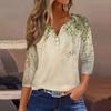 Women's Fashion Casual Flowers Print V-Neck Decorative Button Three-quarter Sleeve T-Shirt Top