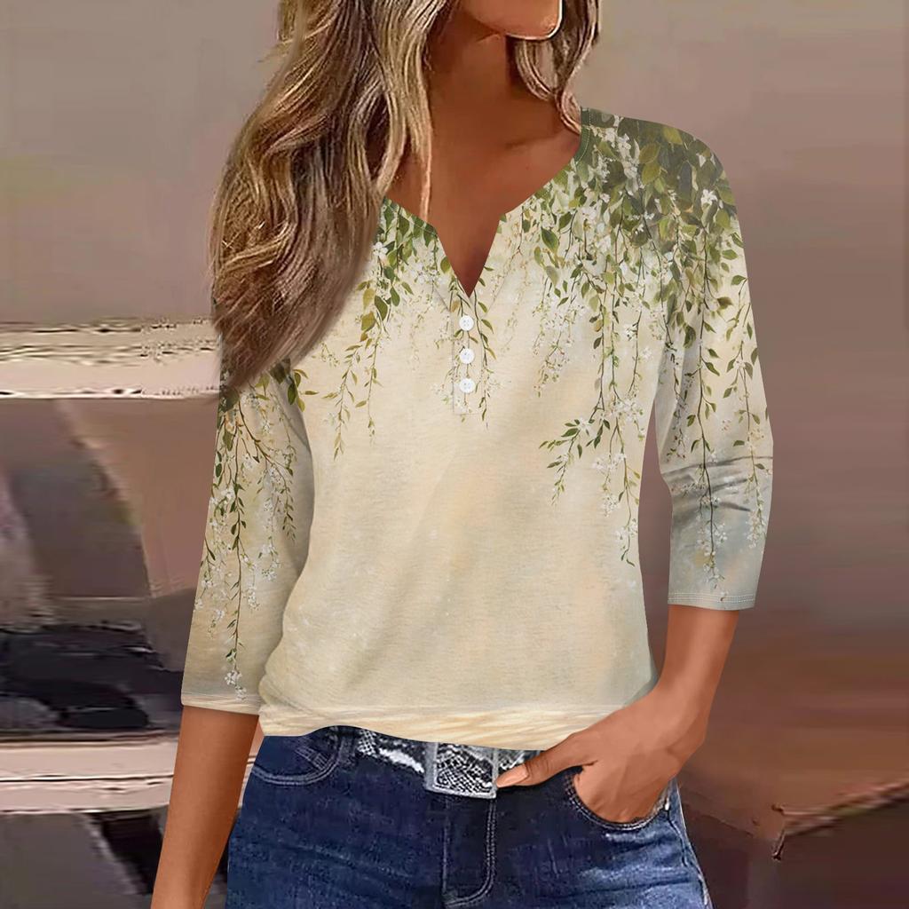 Women's Fashion Casual Flowers Print V-Neck Decorative Button Three-quarter Sleeve T-Shirt Top