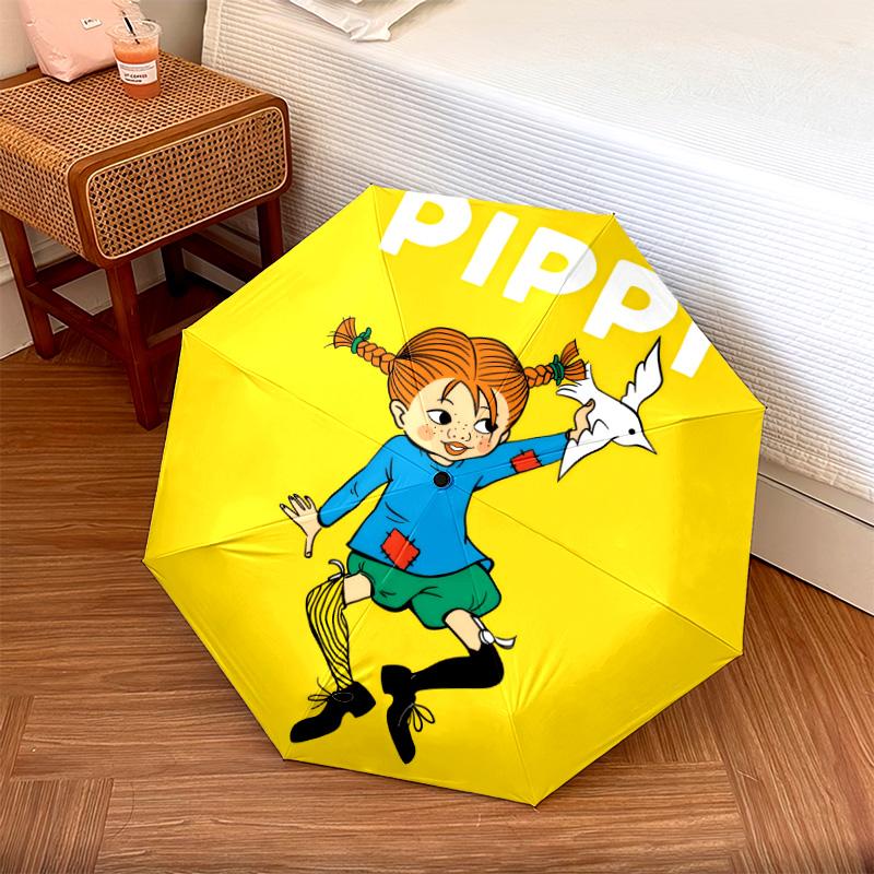 Pippi Longstocking pattern, automatic folding umbrella, portable and foldable design, 8 ribs, a Christmas or birthday gift.