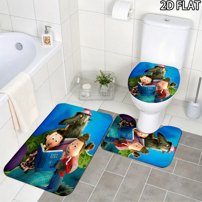 3pcs Revolting Rhymes Pattern Flannel Nonslip Absorbent Washable Decorative Bathroom Home Toilet Seat Cover Mat