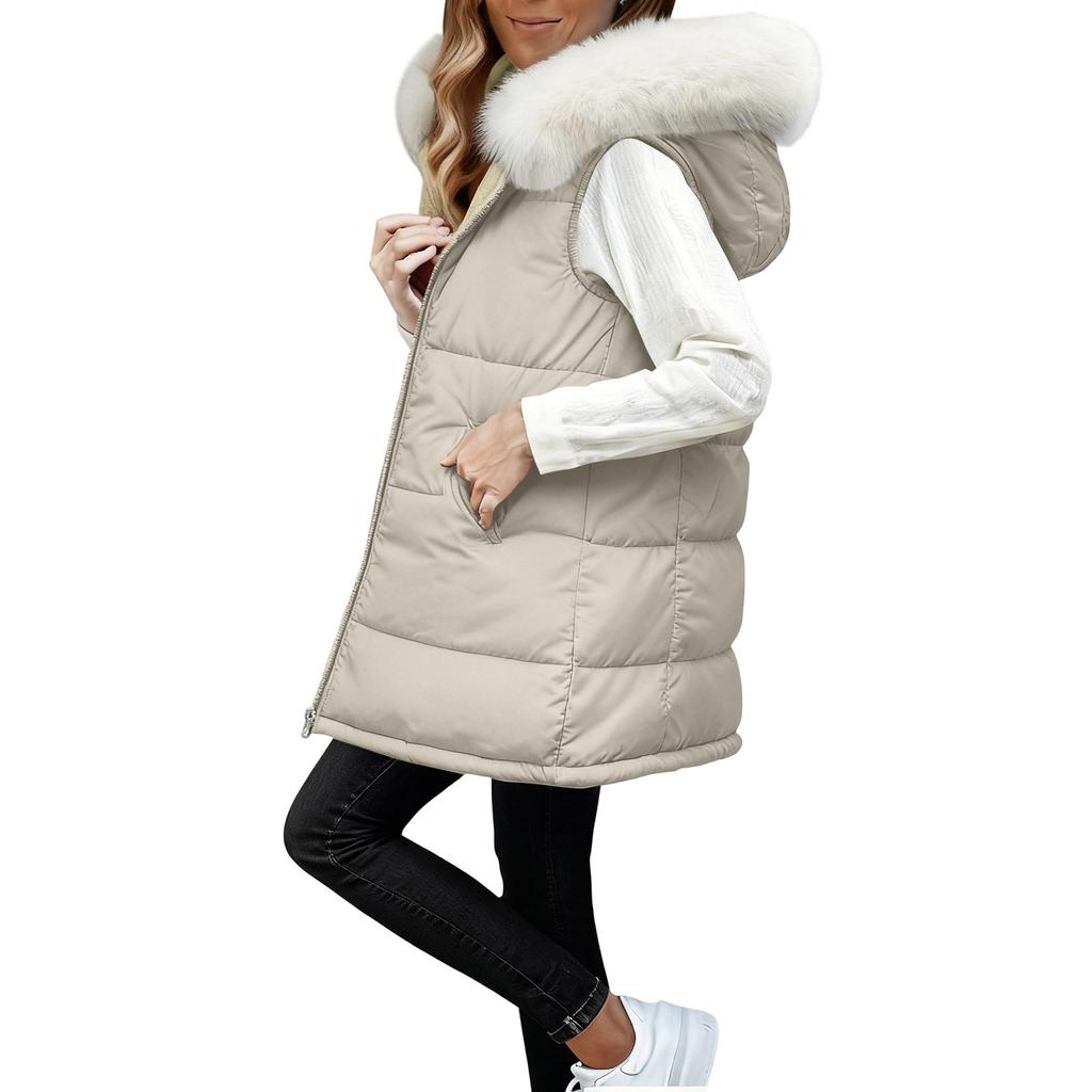 Women's Long Vest Plain Sleeveless Hood Winter Vest Outwear Jacket Lightweight Warm Coat Outerwear
