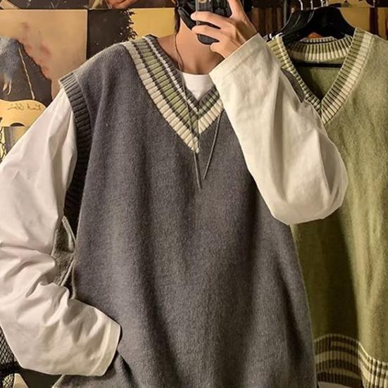 Мужской жилет свитер с V-образным вырезом без рукавов свободный цветной вязаный пуловер средней длины утолщенный преппи и