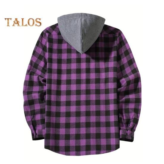 Fall Spring Men Shirt Hooded Drawstring Long Sleeves Color Matching Plaid Print Single-breasted Daily Wear School Home Shirt Coat