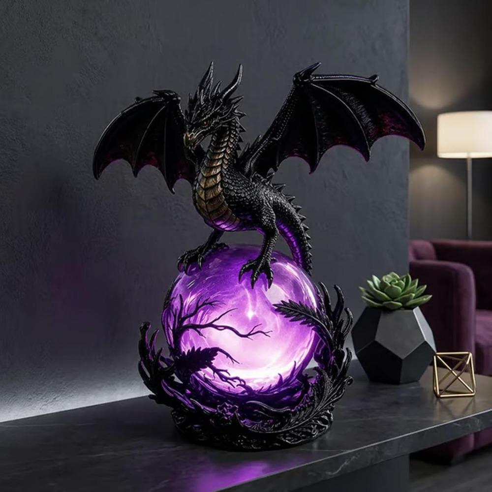 Gothic Dragon LED Crystal Ball Lamp for Dark Aesthetic Decor, Fantasy Resin Dragon Night Light, Witchy Table Lamp, USB Powered Mystic Orb Light