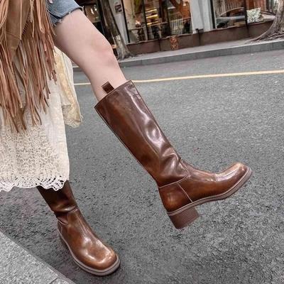 Женская обувь 2024 года, брендовые женские сапоги без застежек, модные круглые носки, современные сапоги, женские новые сапоги до колена на квадратном каблуке, Zapatos Mujer