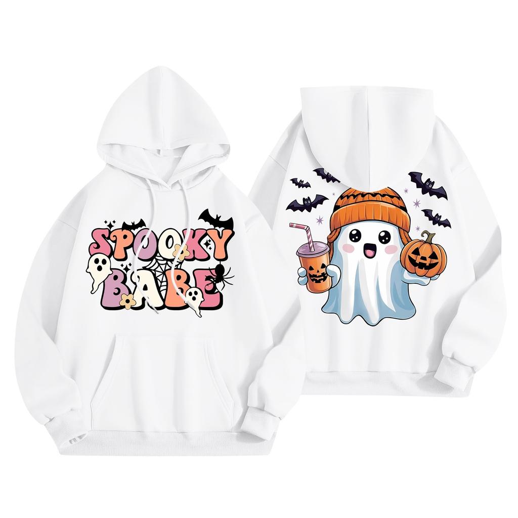 Женская мода, легкий женский свитер с длинными рукавами и карманами, толстовка с капюшоном и принтом на Хэллоуин