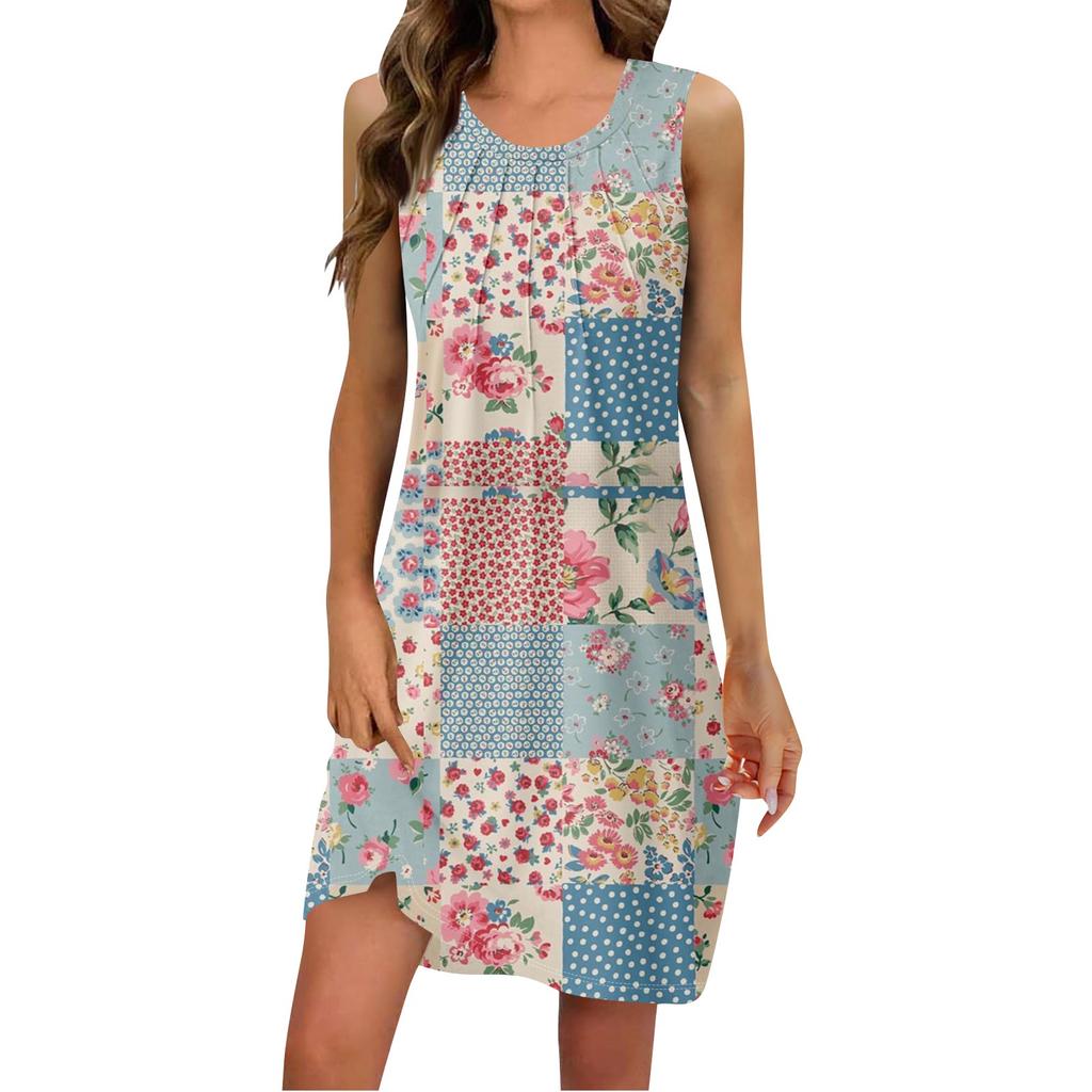 Женские летние повседневные платья без рукавов с принтом и U-образным вырезом