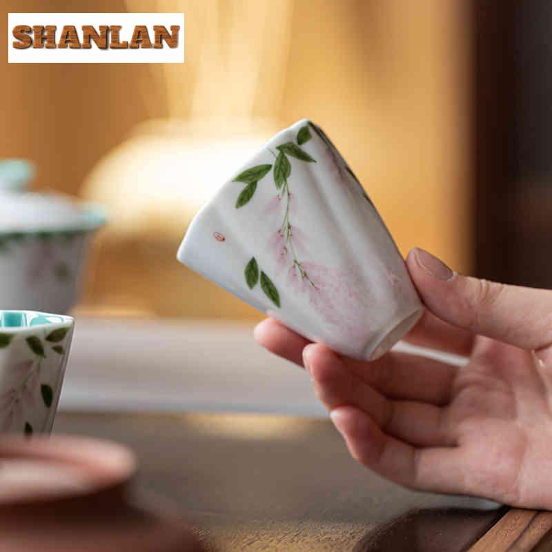 2pc/lot Hand-painted Wisteria Flower Teacup Luxury Tea Bowl Tea Pair Tea-tasting Meditation Cup Chazhan Master Cups Cafes 75ml