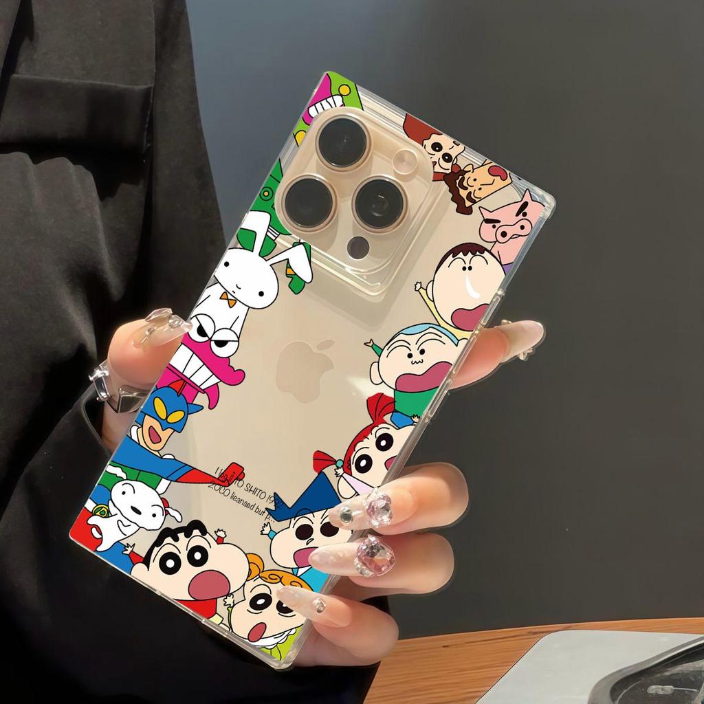 Прозрачный квадратный чехол-накладка для iPhone 13 11 14 Pro Max 16 ProMax 15 Plus 12 Защита от кислорода, Чехол с рисунком Крэйона Шин-чана