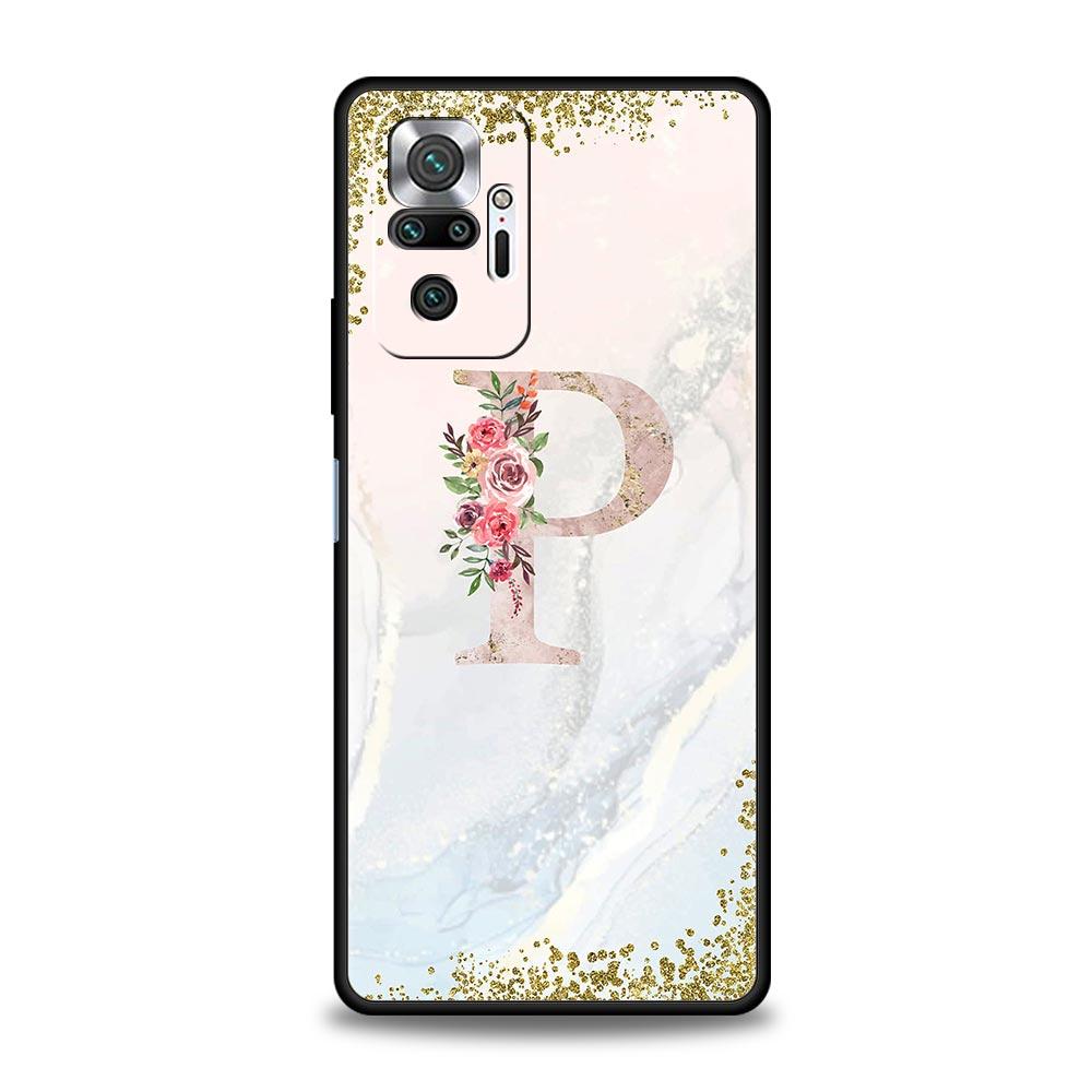Чехол для телефона с цветами и буквами для Xiaomi Redmi Note 14 13 5G 10 11 12 Pro Plus 4G 14C 13C 12C 10C Черная крышка