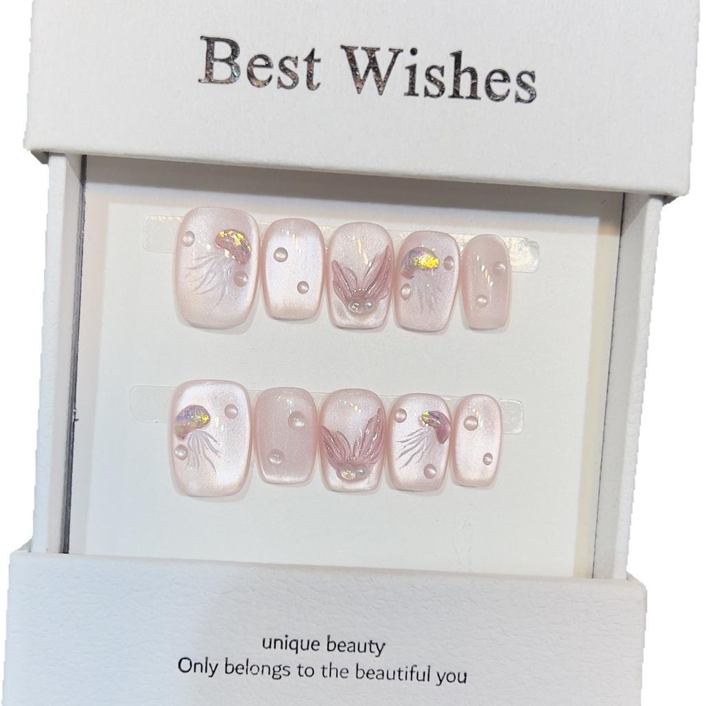 Fresh and Fresh Wear Armor Handmade Cute Naked Pink Cat Eye Jellyfish Fish Tail Manicure Removable Nails