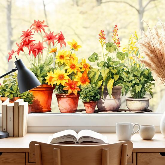 Цветочные растения в горшках Стеклянная наклейка Съемная Водонепроницаемая ПВХ Цветы Статическая стеклянная наклейка Декор для дома Гостиной Спальни Наклейка