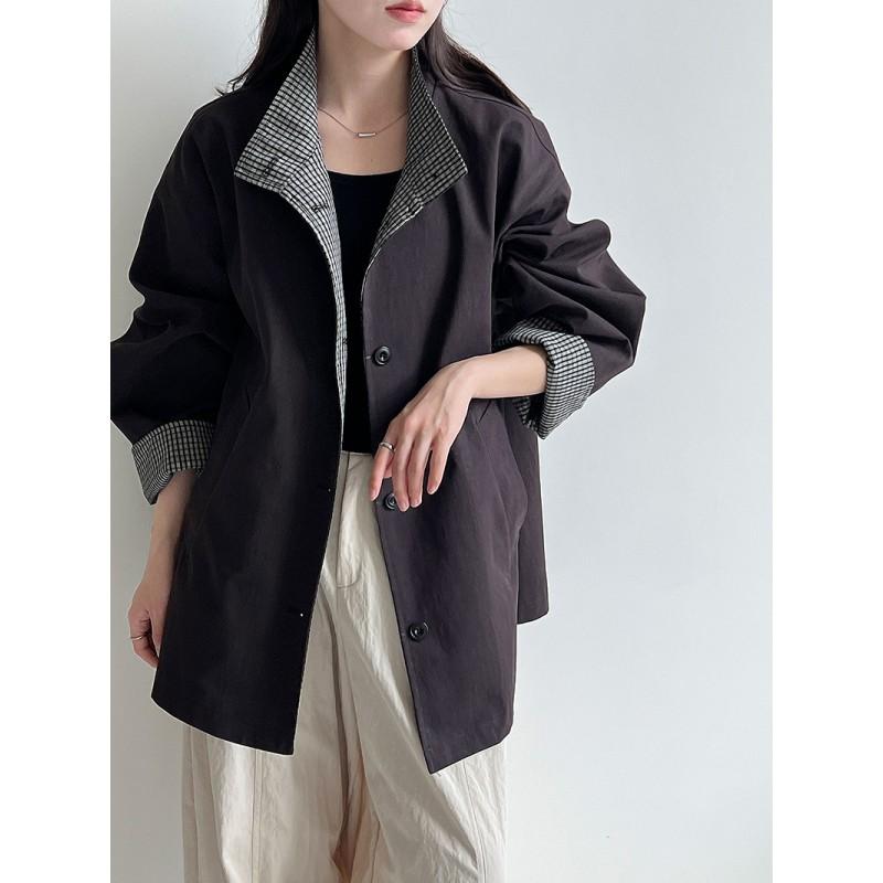 LUXI Plaid Patchwork Stand Collar Trench Coat Women Loose Fit Mid Length Outerwear