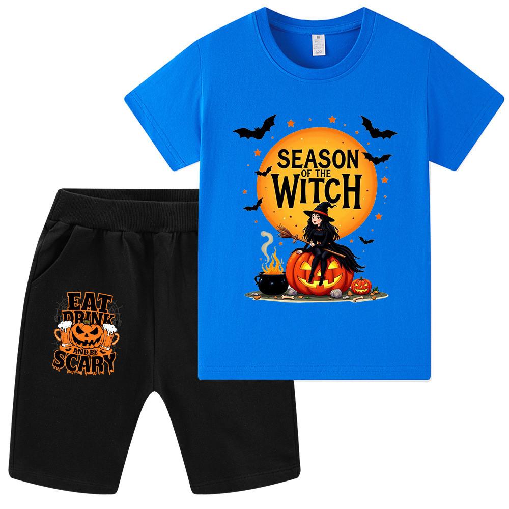 WA1650 Multi-color Kids Boys Girls Halloween Bat Ghost Print Short Sleeves T-shirt Shorts Sets