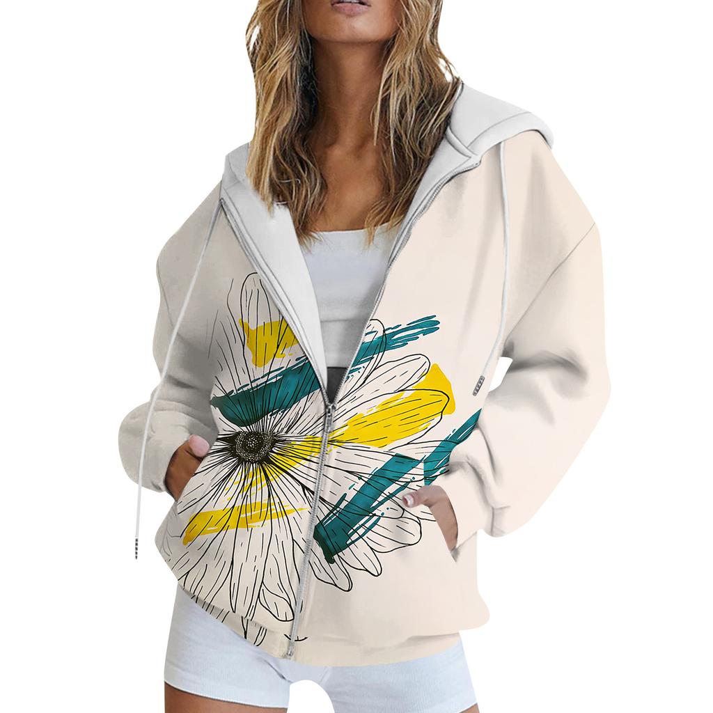 Women's Long Sleeve Print Sweatshirt Long Sleeve Pocket Jacket Zipper Hoodie Coat