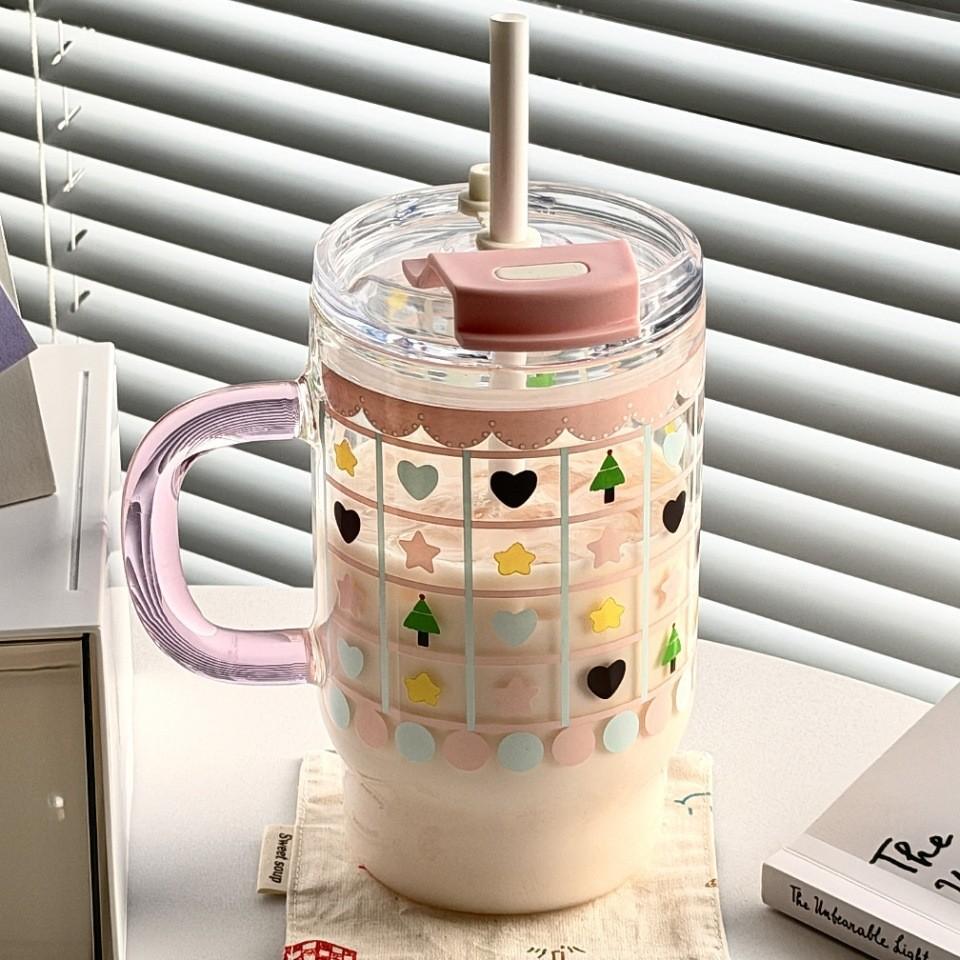 760ml Cute Large Capacity Handle Straw Cup, High Borosilicate Glass Cup, Summer Portable Double Drinking Household Handy Cup