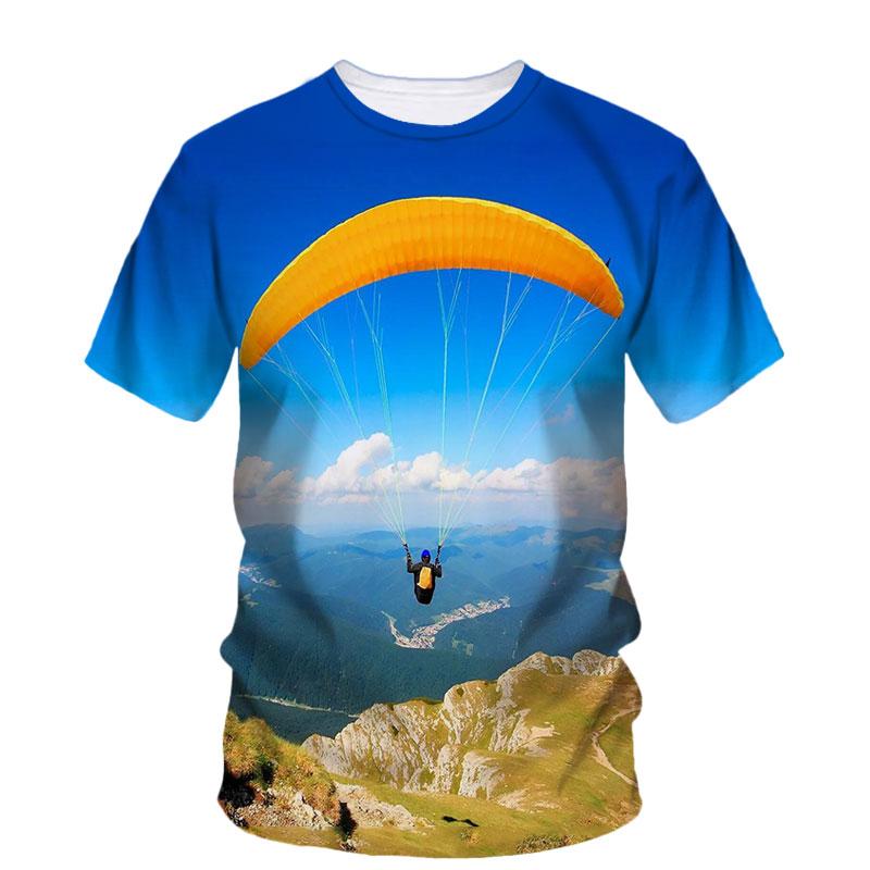 3D Parachute Paraglider Printed Casual Short Sleeved Children's Boy T-shirts  - Soft Medium Stretch Fabric Spring and Autumn Relaxed Fit Clothing