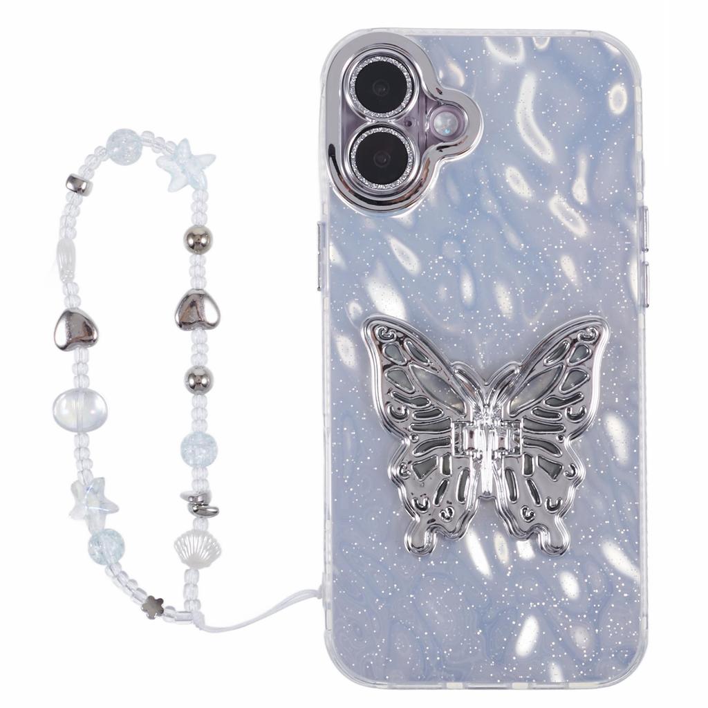 For iPhone 16 Case Butterfly Kickstand PC+TPU IMD Phone Cover with Lens Film / Beaded Strap - Feather Pattern / Pink