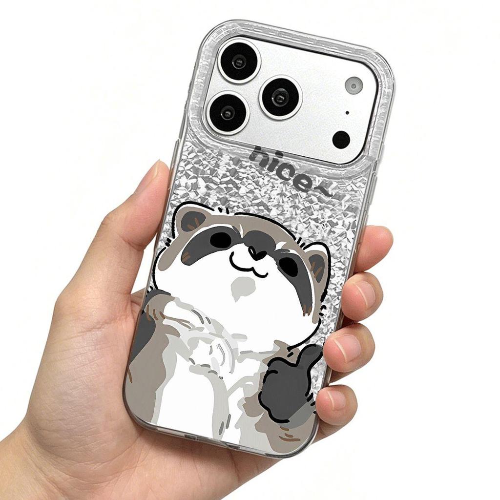 Case for iphone 14 Air XR 12 17 Pro 13 XS Max 18 Pro Max 16 Plus 15 11 Thumbs Up Raccoon Shattered Silver Texture Airbag Shockproof Cover