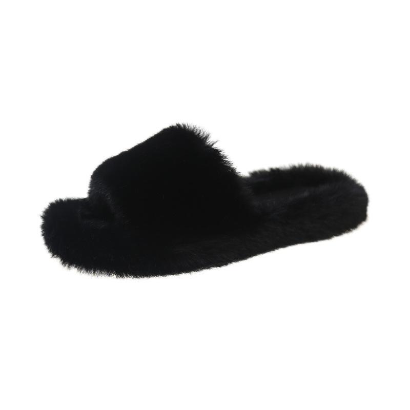 Large Size Fluffy Slippers Spring and Autumn High-end Winter Wear Versatile Lazy Flat Bottom Plush One-word Home Cotton Slippers